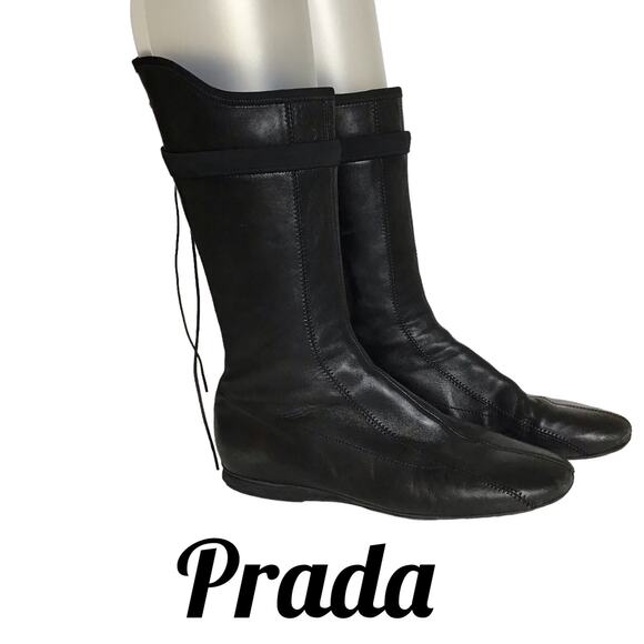 Prada Women riding Boots Sz 36/6US EUC Soft leather  comfort drawstring back zip - Picture 1 of 12